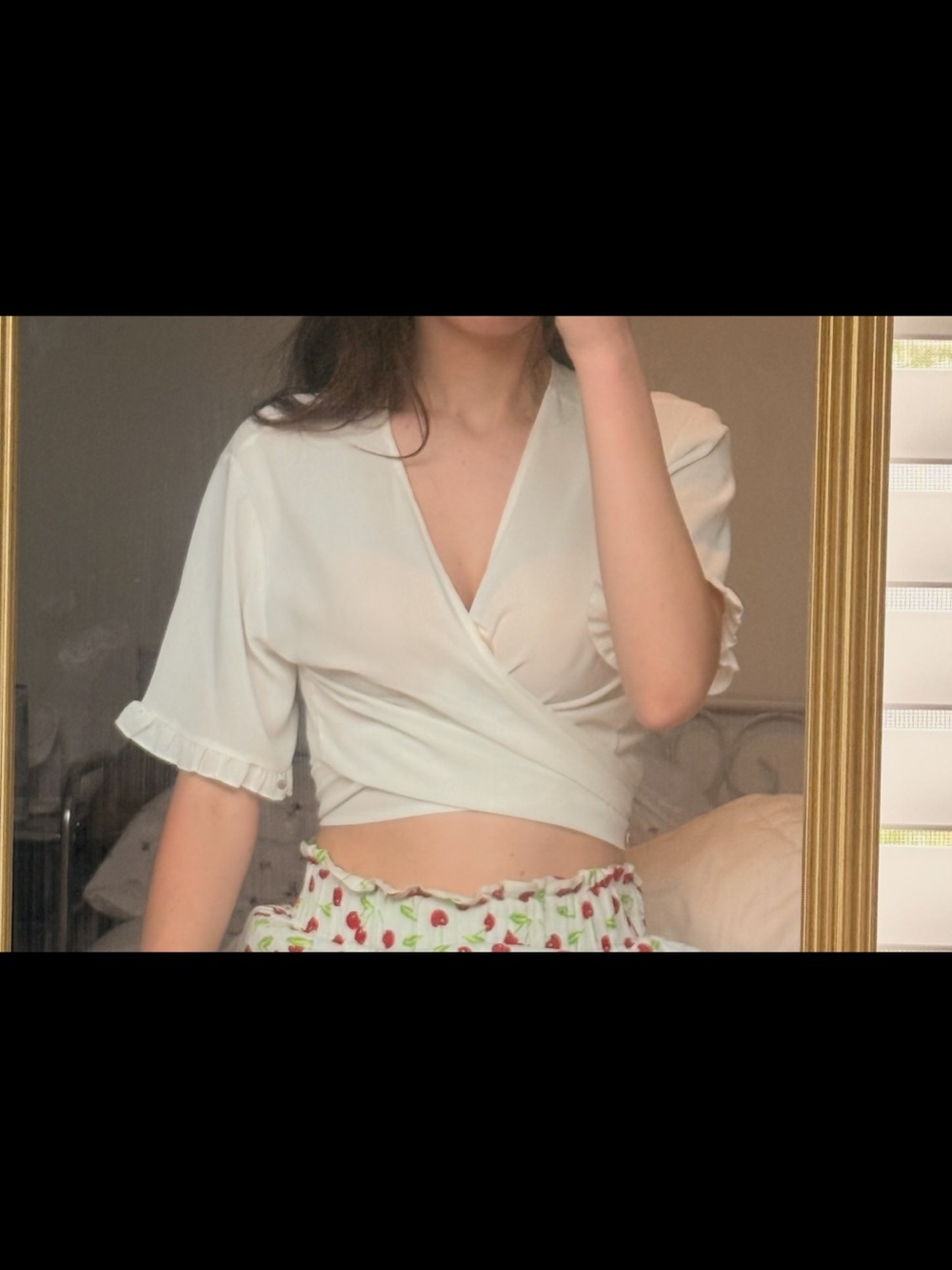 Cropped Cream Wrap Top with Ruffle Trim